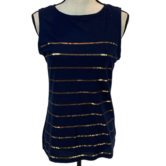 Westport 1962 Sleeveless Crew Neck Sequin Striped Tank Top - Navy Blue - Small - Picture 1 of 8